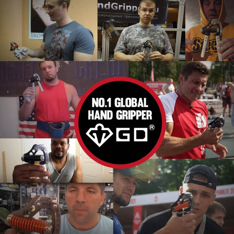 Collage of people using the Adjustable Grip Strength Trainer with handle extensions for hand and forearm strength.
