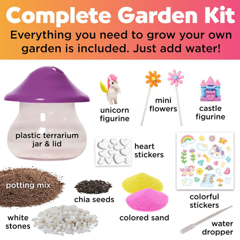 Plant And Grow Unicorn Forest Terrarium Kit For Kids With Unicorn Figures, STEM Learning Toys, screen-free garden kit with jar, sand, and stickers
