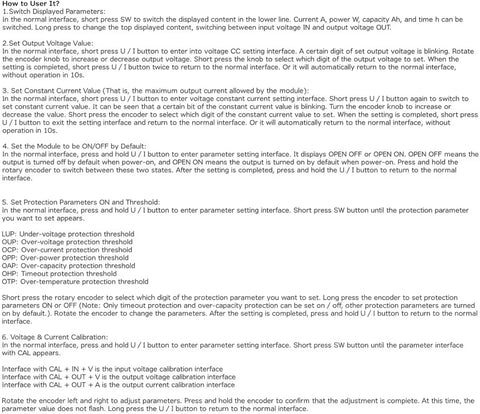 Instruction manual for Dope Buck Boost Converter with CC CV Regulation, showing parameters and settings instructions.