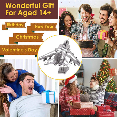 3D Metal Puzzle Tornado Fighter Jet Kit for Adults and Teens shown as a perfect gift for holidays and birthdays, collage.