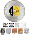 Laser Welded Diamond Blade 14 Inch For Cutting Reinforced Concrete, Stone, Marble, Granite, Brick And Masonry displayed with materials.