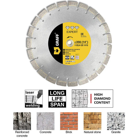 Laser Welded Diamond Blade 14 Inch For Cutting Reinforced Concrete, Stone, Marble, Granite, Brick And Masonry displayed with materials.