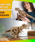 T Rex 3D Wooden Puzzle Kit for Adults With Mechanical Walking Motion DIY Dinosaur Model Automaton Kit Brain Teaser Home Decor Spring Driven Motor Realistic Predator Design Wood Craft Hobby Set, woman holding assembled wooden T-Rex