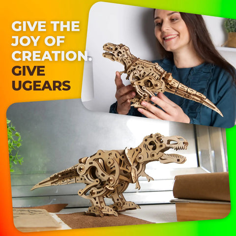 T Rex 3D Wooden Puzzle Kit for Adults With Mechanical Walking Motion DIY Dinosaur Model Automaton Kit Brain Teaser Home Decor Spring Driven Motor Realistic Predator Design Wood Craft Hobby Set, woman holding assembled wooden T-Rex