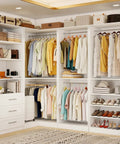 Straight Up Modular Closet Organizer System In Crisp White Featuring Nine Hanging Rods Eight Shelves Three Deep Drawers And A Smart Corner Module with organized clothing.