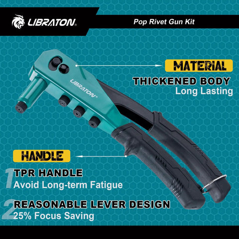 Heavy Duty Rivet Gun Kit With Ergonomic Grip And Safety Lock, Pro Grade Pop Rivet Tool With TPR handle and thickened body