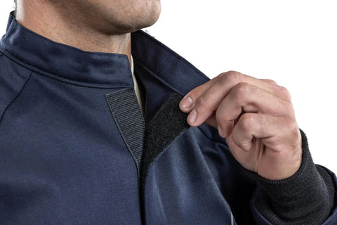 Arc Flash Short Coat 12 Cal UltraSoft Navy FR Workwear With 9 Oz Fabric Front Hook And Loop Closure detail view