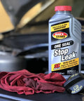 All In One Stop Leak For Engine Oil, Transmission Fluid And Power Steering Seals, Easy To Use 11 Oz Bottle next to engine components