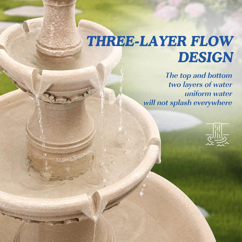 Close-up view of Solar Water Fountain Outdoor Garden Decor Three Tier Cascading Bubbler Waterfall With Pump For Patio And Backyard Forty Eight Point Four Inch Tall Resin Floor Standing Fountain showcasing three-layer design.