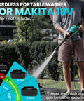 Person using Cordless Portable Washer 800 PSI With Brushless Motor, Six In One Nozzle, battery recommendations shown, Makita 18V compatible.