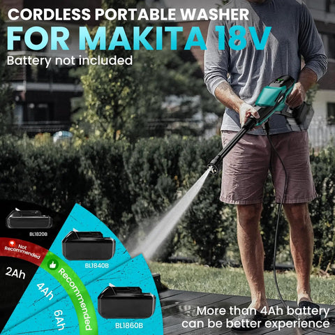 Person using Cordless Portable Washer 800 PSI With Brushless Motor, Six In One Nozzle, battery recommendations shown, Makita 18V compatible.