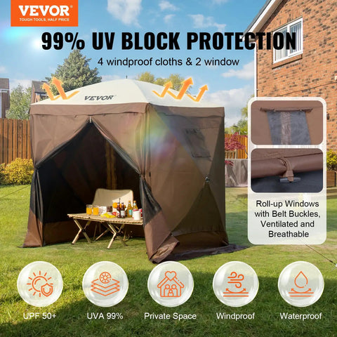 Pop Up Gazebo Screen Tent 6x6 Ft Quick Set Canopy With Mesh Windows Removable Privacy Wind Cloths Mosquito Netting 4 Sides Outdoor Sun Shelter Easy Setup Brown in backyard with UV protection icons.