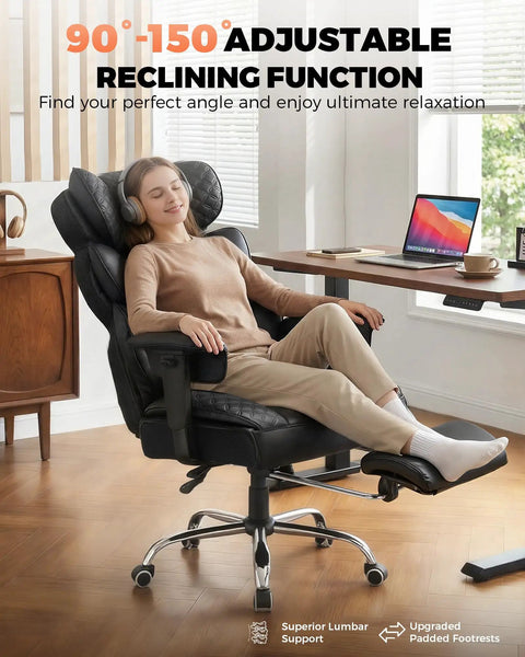 Woman reclining in Big And Tall Office Chair With Upgrade Footrest For All Day Comfort, Heavy Duty Gaming Style