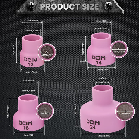 Glass Welding Cup Set With Gas Lenses For Ceramic And Alumina Welding showing sizes of cups 12, 14, 16, and 24