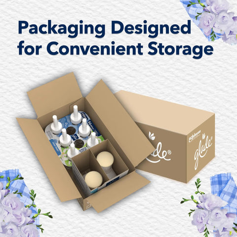 Open packaging of PlugIns Air Freshener Starter Kit with Two Fragrance Oil Warmers and Six Refills in Clean Linen Scent.