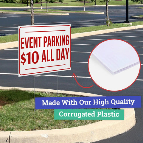 Double Sided Customizable Outdoor Yard Sign Made From Corrugated Plastic With Metal H Stake in parking lot 18x24 inches