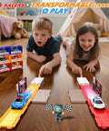 Children playing with Six Pack Pull Back Race Cars Set With Friction Powered Launching Cars Portable Transforming Track.