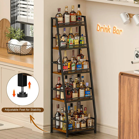 Roomy 5 Tier Trapezoid Liquor Cabinet For Home Bar Space beefy freestanding wine rack filled with various liquor bottles in a kitchen.