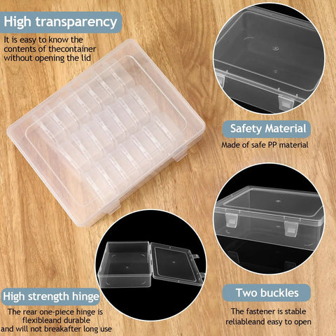 Clear Bead Organizer Kit With 30 Small Storage Containers, Hinged Lids And Label Tabs on wooden background, showing transparency and safety features