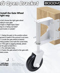 Heavy Duty Gate Wheel With Spring Loaded Gate Caster for outdoor wooden and fence gates, 360 degree swivel installation guide.