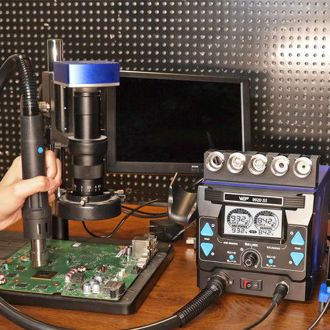2 In 1 Soldering Station And Hot Air Rework Station Beast Mode Heavy Duty 1000W Kit used on a circuit board