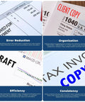 Collage of document stamps highlighting organization, efficiency, error reduction, and consistency in legal paperwork.