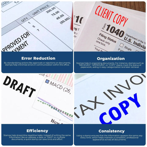 Collage of document stamps highlighting organization, efficiency, error reduction, and consistency in legal paperwork.