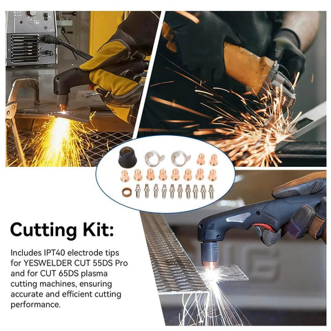 Plasma Cutting Torch Consumables Set With IPT40 Tips Electrodes Nozzle Bracket Covers For CUT 55DS Pro And CUT 65DS displayed.