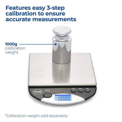 Go To Portable Precision Digital Kitchen Scale For Baking And Cooking With One Kilogram Capacity And One Tenth Gram Increments showing 1000g calibration weight