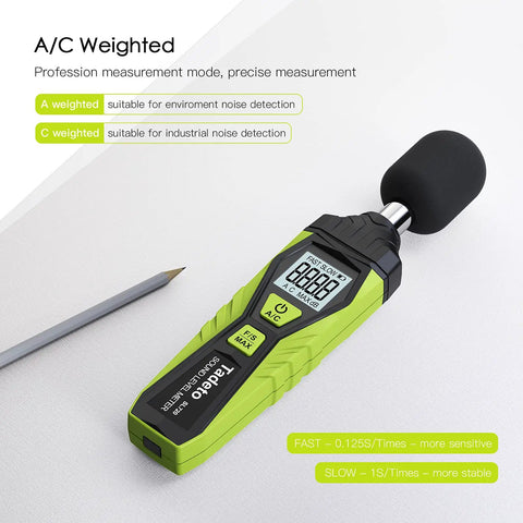Portable Digital Sound Level Meter With LCD Backlit Display 30dB To 130dB Range, Real Time A Weighted SPL Meter For Home, Shop And Factory Use, Data Hold Function, Easy Readout, Rugged And Reliable. handheld meter with A/C weighting and foam mic, angled view