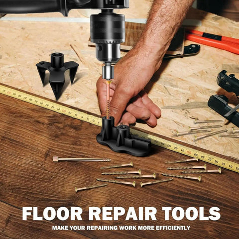 Hardwood Floor Squeak Fix Kit with Squeak No More Tech, includes tools and screws, used on wooden flooring for repair