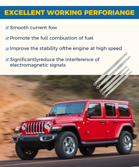 Heavy Duty Engine Ground Strap Kit With Five Flexible Braided Copper Cables And Ring Terminals shown with a red Jeep on a dirt road.