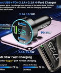Superfast Eighty Eight Watt Four Port USB C Car Charger With Digital Voltmeter PD QC 3.0 showing voltage and charging stats on a smartphone.