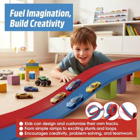 Child playing with 15 ft Flexible Race Track For Kids 15 Foot Roll Up Starter Set With Suction Cups Compatible With Hot Wheels 1 64th Cars