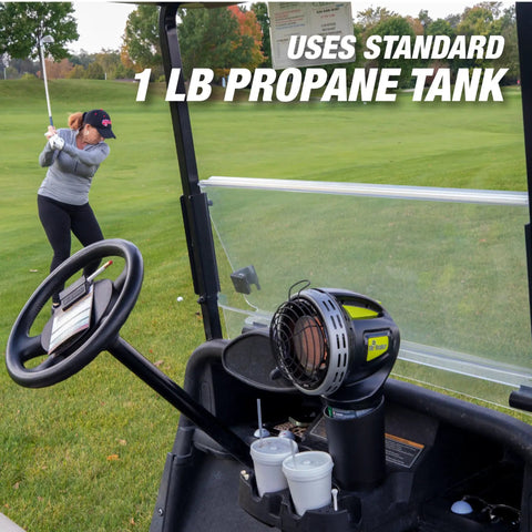 Portable 4000 BTU Radiant Propane Heater For Golf Carts Heats Up To 100 Sq Ft With A 1 Lb Cylinder shown mounted on a golf cart