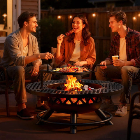 Friends enjoying BBQ on 40 Inch Outdoor Fire Pit With Poker And Grill For Patio And Backyard, big wood burning fire pit under string lights.