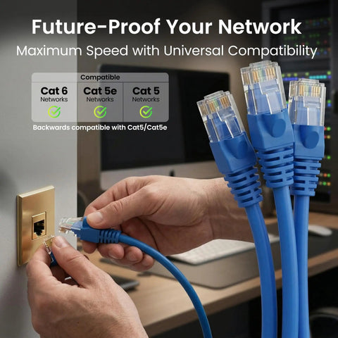 Hands plugging Cat6 Ethernet Patch Cables 10 Ft Blue 10 Pack into wall socket for home office networking