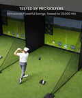 Man using Golf Simulator Enclosure For Home 10x8 Ft Cage With HD Impact Screen, showing safe swing zone and durable net system.