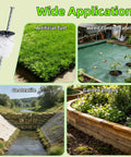 Heavy Duty 12 Inch Galvanized Landscape Stakes With Gasket Caps shown in use for artificial turf, weed fabric, geotextile, and edging applications.