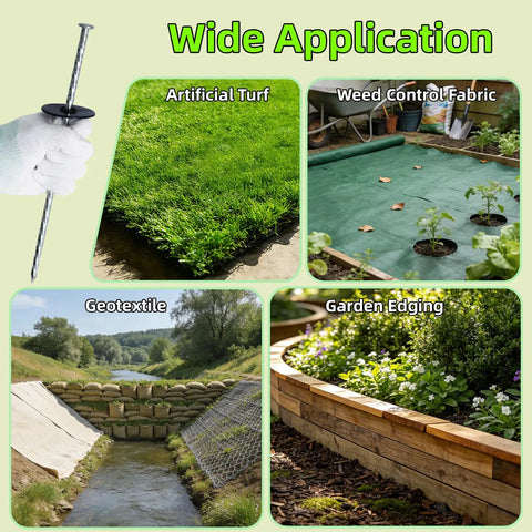 Heavy Duty 12 Inch Galvanized Landscape Stakes With Gasket Caps shown in use for artificial turf, weed fabric, geotextile, and edging applications.