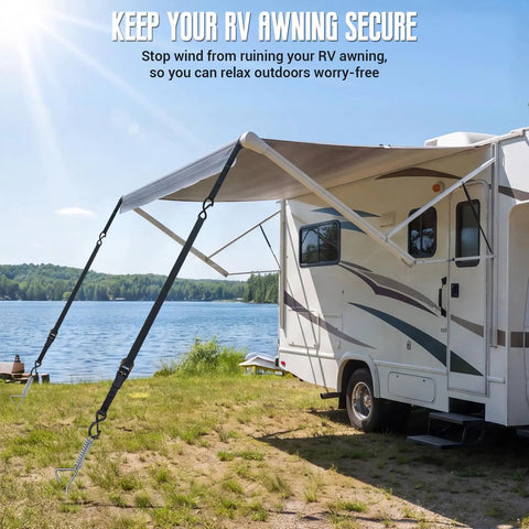 RV with Heavy Duty RV Awning Tie Down Kit With Windproof Design by a lake