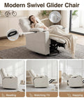 Woman relaxing on 360 Degree Swivel Rocker Recliner Chair With Adjustable Armrests And Headrest, Beige, in living room.
