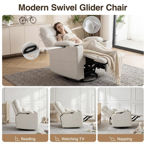Woman relaxing on 360 Degree Swivel Rocker Recliner Chair With Adjustable Armrests And Headrest, Beige, in living room.