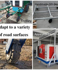 Heavy Duty Locking Casters With Dual Disc Brakes, Rock Solid Rubber Tires, Shock Absorbing Puncture Proof Wheel Kit on trolley for various surfaces.