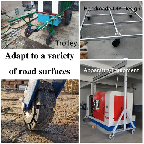 Heavy Duty Locking Casters With Dual Disc Brakes, Rock Solid Rubber Tires, Shock Absorbing Puncture Proof Wheel Kit on trolley for various surfaces.