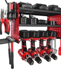 Power Tool Organizer With Charging Station And 3 Tier Drill Storage, Four Drill Slots And Side Pegboard, Built In Eight Outlet Power Strip For Garage Workbench And Workshop, Wall Mounted Tool Rack For Quick Grab And Easy Access, showing drills and hand tools on red pegboard.