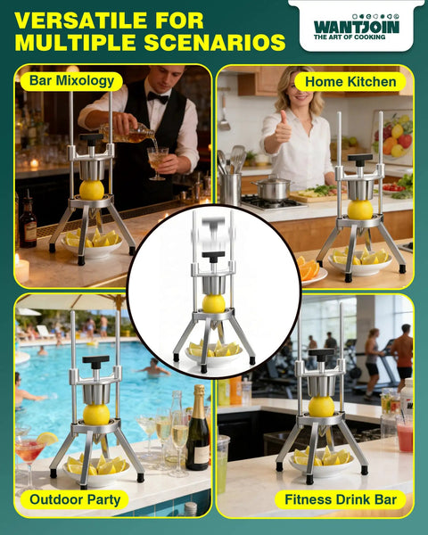 Collage showing Commercial Lemon Wedger With Dual 4 And 8 Wedge Blades in bar, kitchen, party, and fitness settings