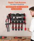 Wall Mounted Power Tool Organizer Three Tier Storage Rack With Four Drill Holders Side Pegboards And Hooks, installed on a wall in a garage.