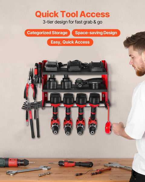 Wall Mounted Power Tool Organizer Three Tier Storage Rack With Four Drill Holders Side Pegboards And Hooks, installed on a wall in a garage.