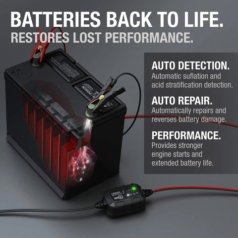 Top Shelf Smart Battery Charger And Hassle Free Trickle Maintainer Delivering Two Amps Of Straight Power For Six Volt And Twelve Volt Flooded Gel Agm Or Lithium Batteries connected to a battery.